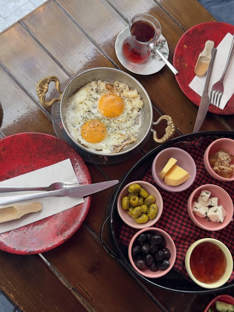 Classic Turkish breakfast with eggs and tea in Istanbul 