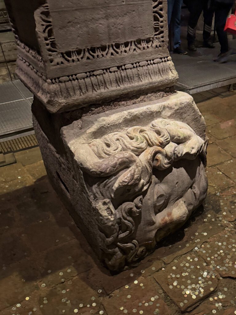 Medusa head column base inside Basilica Cistern