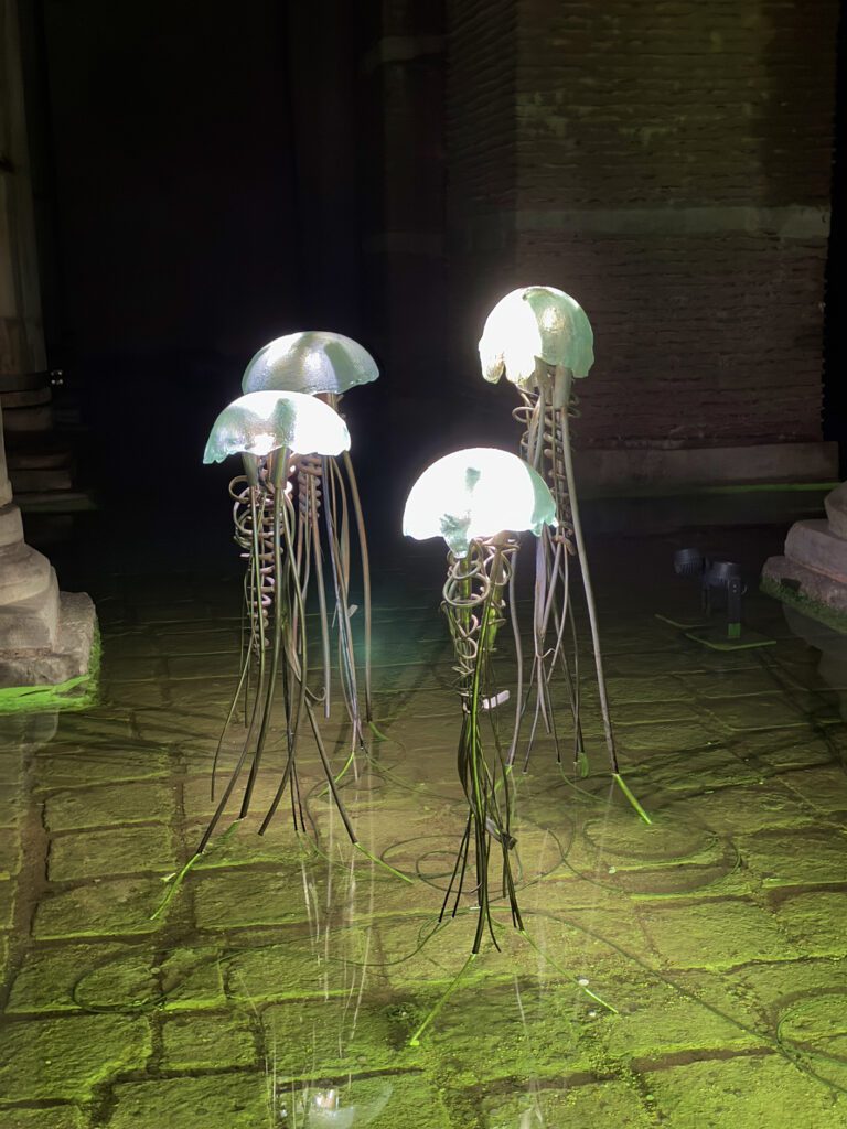 Illuminated art installation reflecting on water in Basilica Cistern Istanbul