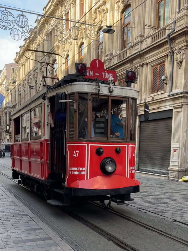 Historic red tram on Istiklal Street Istanbul