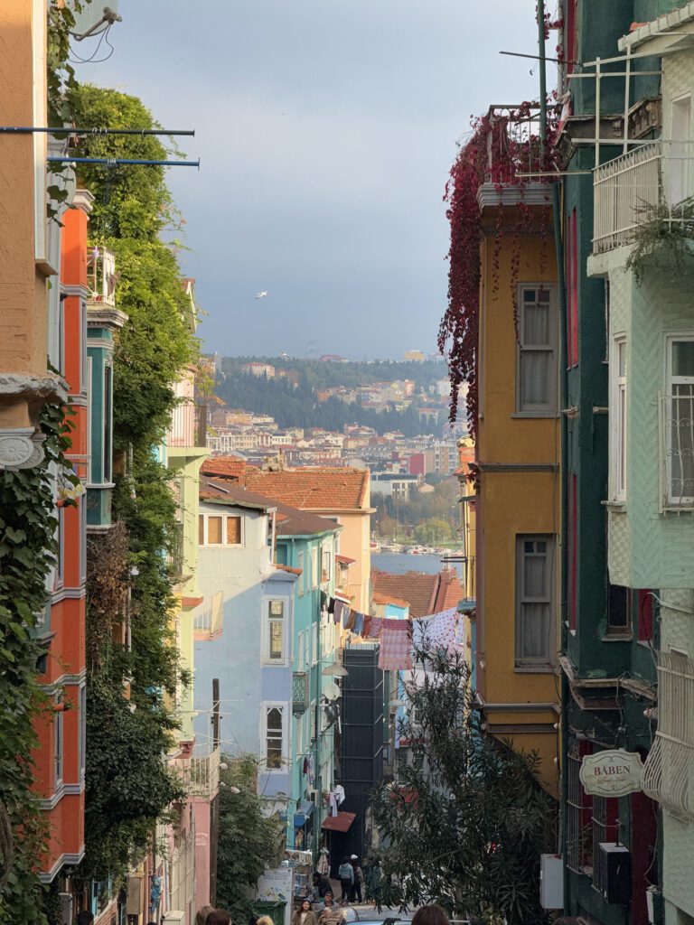 Colorful Balat street with hillside views, photogenic walk on an Istanbul weekend itinerary